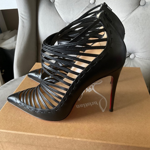 Christian Louboutin Black Leather Gortik 100 Booties Size 39.5 Caged Pump Kid - Picture 4 of 15